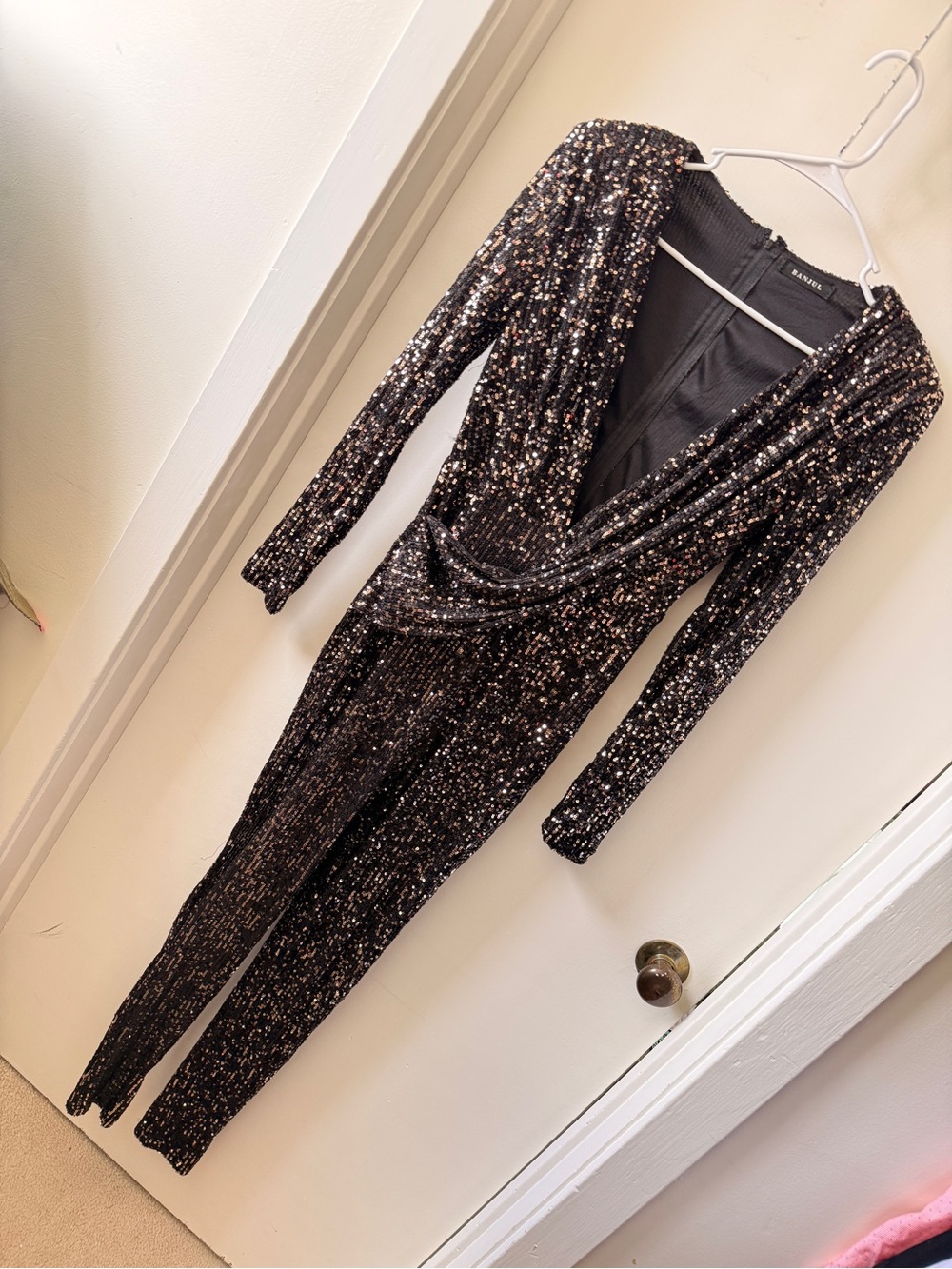 Banjul Black Sequin Wrap Long Sleeve Jumpsuit - Black Small